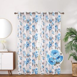 24 Pieces Aqua Floral Blackout Grommet Curtain - Window Curtains