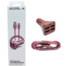 12 pieces 4 Port 6.8 Amp Rose Gold Usb Car Charger With 3 Foot Usb Type C Cable - Chargers & Adapters