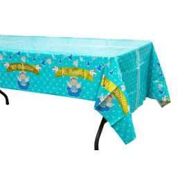 48 pieces Plastic Foil Table Cover “mi Bautizo" 54" X 108" - Blue - Table Cloth