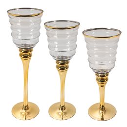 4 pieces Glass Stem Candle Holder With Gold Rim 3pc/set - Gold - Candles & Accessories