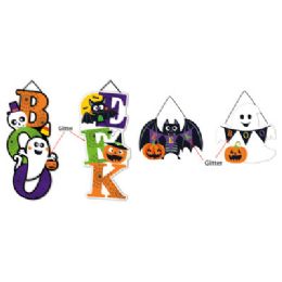 24 pieces Wall Plaque Halloween Boo/eek W/glitter Trim Bat/ghost Hlwn/label - Halloween
