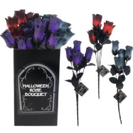 24 pieces Rose Bush Halloween 5-Stem Ombre Red/grey/purple W/2 Flatpacked Pdq's - Halloween