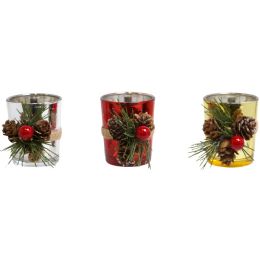 24 pieces Votive Candle Holder Cracklew/pinecones/berry/greens 3ast Red/silver/gold Upc Label - Candles & Accessories