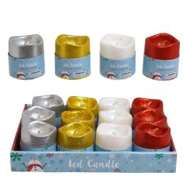 24 pieces Candle Led Flicker Pillar W/glitter 2.75x2.52in 4ast/12pc Pdq Silver/red/pearl/gold - Candles & Accessories