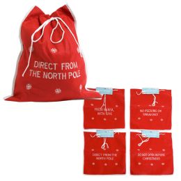 24 pieces Santa Sack Gift Bag Felt W/drawstring 17x15in W/4ast Embroidered Sayings/xmas Hdr - Christmas Novelties