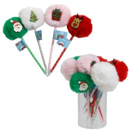 24 pieces Christmas Ballpoint Pen W/4 Novelty Pompom Characters 24pc Pdq/label - Christmas Novelties