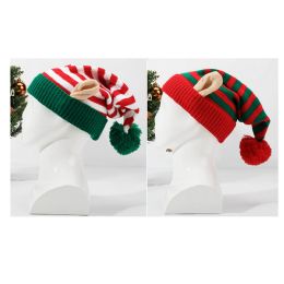 18 pieces Elf Hat Stocking Cap Style 14.5x6in Striped W/ears & Pom 2ast/jhook/ht - Christmas Novelties