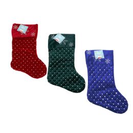 24 Wholesale Stocking Velvet 16inx9in Quilted W/sequins & Embroidered Snowflake Cuff 3ast Wine/green/blue Jhook/ht