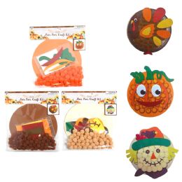 24 pieces Craft Set Kids Harvest W/poM-Poms 3ast Turkey/pumpkin/scarecrow In Harvest Pbh - Thanksgiving