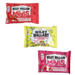 108 pieces of Wiley Wallaby Minis 3 Flavors 1.7 And 2 Oz Bags In Floor Display - Classic Red, Watermelon, Sourrageous Drops