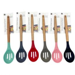 24 of Assorted Color Silicone Slotted Spoon With Wooden Handle