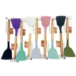 24 of Assorted Colors Silicone Solid Turner Spatula With Wooden Handle