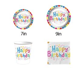 144 Pieces Paper Tableware Set 7-Inch/9-Inch Plate Cup Napkin - Happy Birthday - Party Paper Goods