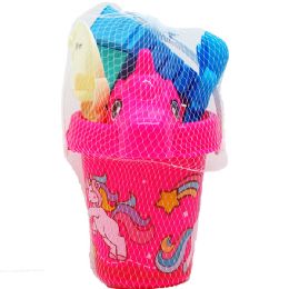 12 Sets 5.75-inch Beach Bucket W/ 5pc Acss In Pegable Net Bag, 2 Assrt - Buckets & Basins