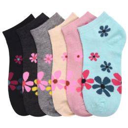 216 Wholesale Girls Floral Printed Spak Spandex Ankle Socks Size 6-8