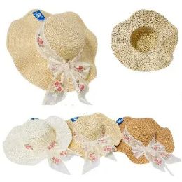 12 of Ladies Summer Hat Embroidered Rose Lace Bow Wavy Brim