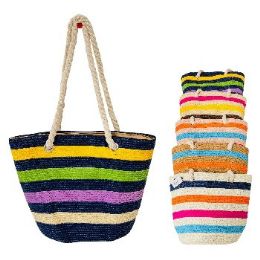 6 of Ladies Woven Tote with Rope Handles Colorful Wide Stripes