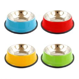 8 Wholesale 8.6" Assorted Color Stainless Steel Pet Feeding Bowl With Rubber Bottom