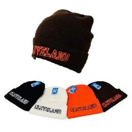 24 Pieces Cuffed Knit Toboggan CLEVELAND Black and Orange - Winter Sets Scarves , Hats & Gloves