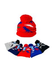 24 Pieces Child's Knitted Cuffed Winter Pompom Hat Dinosaurs - Winter Sets Scarves , Hats & Gloves