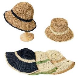 12 Pieces Women's Crocheted Straw Hat Bold Stripe - Sun Hats