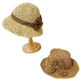 12 Pieces Women's Crocheted Straw Hat Wide Bow - Sun Hats