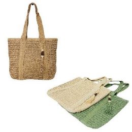 12 of Straw Crocheted Market Tote Beaded Tassel 15"x16.5"