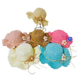 24 Pieces Girl's Woven Hat With Scalloped Edge & Puffy Flower - Sun Hats