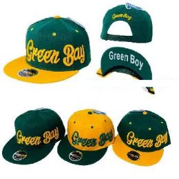 36 Pieces Snap Back Flat Bill Hat Green Boy Script - Baseball Caps & Snap Backs
