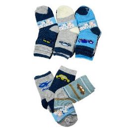 24 Pieces 3-Pair Boy's Printed Quarter Socks 2-4 Vehicles - Boys Ankle Sock