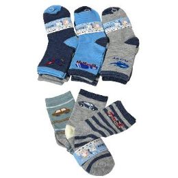 24 Pieces 3-Pair Boy's Printed Quarter Socks 4-6 Vehicles - Boys Ankle Sock