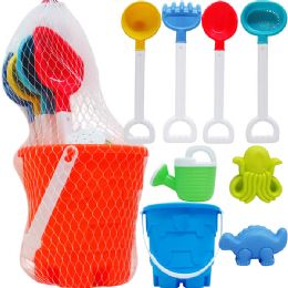 12 Sets 7-inch Beach Bucket W/ 5pc Accessories In PPeg Net Bag, 3 assorted - Buckets & Basins