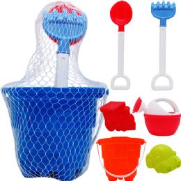 12 Sets 6.5-inch Beach Bucket W/ 5pc Acss In Peg Net Bag, 3 Assrt - Buckets & Basins