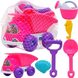 12 Sets 9.5-inch Beach Truck W/ 5pc Acss In Peg Net Bag - Beach Toys