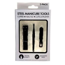 24 pieces 3 Piece Anodized Steel Black Finish Nail Care Tool Set - Manicure and Pedicure Items