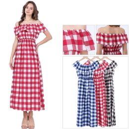 48 Pieces Ladies Off-The-Shoulder Gingham Ruffle Plaid Maxi Dress Assorted Sizes S/m, L/xl - Womens Sundresses & Fashion
