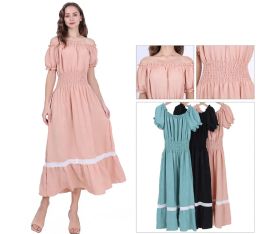 24 Pieces Ladies Off-The-Shoulder Smocked Waist Midi Dress with Lace Trim Assorted Sizes S/m, L/xl One Dozen - Womens Sundresses & Fashion