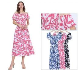 36 Pieces Women's Off-The-Shoulder Leaf Print Smocked Waist Midi Dress Sizes S/m, L/xl One Dozen - Womens Sundresses & Fashion