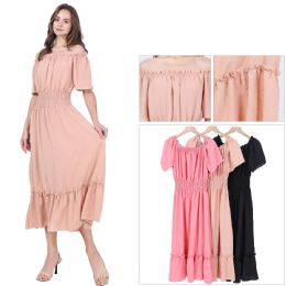 36 Pieces Women's Off-The-Shoulder Smocked Waist Ruffle Midi Dress Sizes S/m, L/xl One Dozen - Womens Sundresses & Fashion