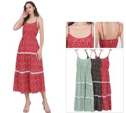48 Pieces Women's Ditsy Floral Spaghetti Strap Tiered Midi Dress with Lace Insets Sizes S/m, L/xl One Dozen - Womens Sundresses & Fashion
