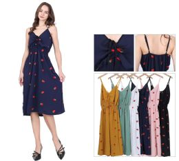 48 Pieces Women's Strawberry Print Tie-Front Spaghetti Strap Midi Dress Sizes S/m, L/xl One Dozen - Womens Sundresses & Fashion