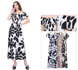 48 Pieces Women's Off-The-Shoulder Smocked Bodice Abstract Floral Maxi Dress Sizes S/m, L/xl One Dozen - Womens Sundresses & Fashion