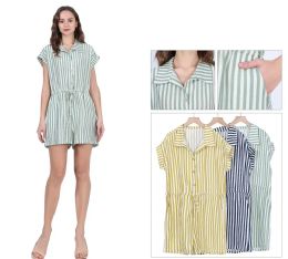 48 Pieces Women's Vertical Striped Button-Up Romper with Drawstring Waist Sizes S/m, L/xl One Dozen - Womens Sundresses & Fashion
