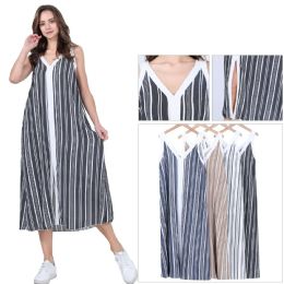 48 Pieces Women's Vertical Striped V-Neck Sleeveless Midi Dress with Contrast Trim Sizes S/m, L/xl One Dozen - Womens Sundresses & Fashion