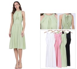 48 Pieces Women's Halter Neck Pleated Midi Dress with Back Tie Sizes S/m, L/xl  One Dozen - Womens Sundresses & Fashion