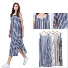 48 Pieces Women's Crew Neck Vertical Striped Sleeveless Midi Dress with Side Slits Sizes S/m, L/xl One Dozen - Womens Sundresses & Fashion