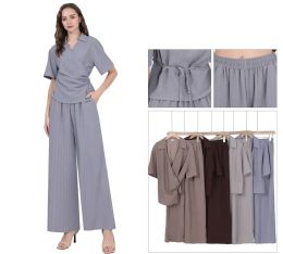 48 Sets Women's Collared Wrap Top and Wide-Leg Pants Set Sizes S/m, L/xl One Dozen - Womens Sundresses & Fashion