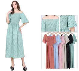 48 Pieces Women's Off-The-Shoulder Smocked Bodice Printed Midi Dress with Ruffle Sleeves Sizes S/m, L/xl One Dozen - Womens Sundresses & Fashion