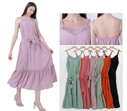 48 Pieces Women's Pleated V-Neck Spaghetti Strap Tie-Waist Maxi Dress Sizes S, M, L, XL - Womens Sundresses & Fashion