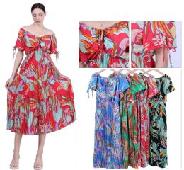 48 Pieces Women's OfF-ThE-Shoulder Tropical Print Pleated Maxi Dress S-M, L,xl - Womens Sundresses & Fashion